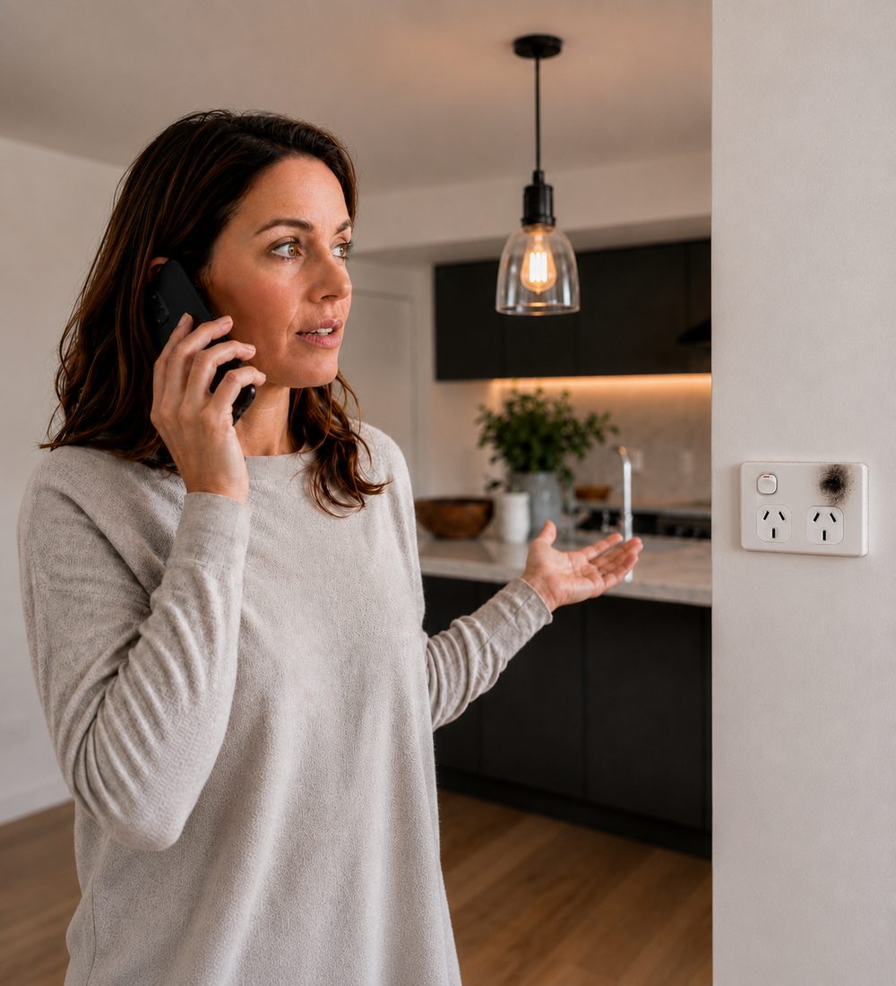 Homeowner phoning Electrical Genius about a scorched power point in her kitchen