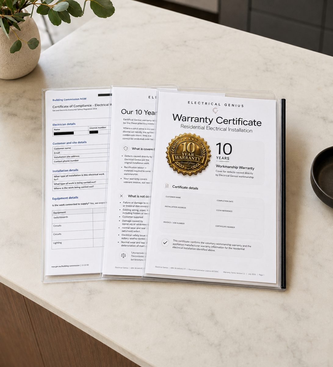 Electrical Genius warranty certificate and CCEW certificate of compliance presented in a folder on a kitchen benchtop
